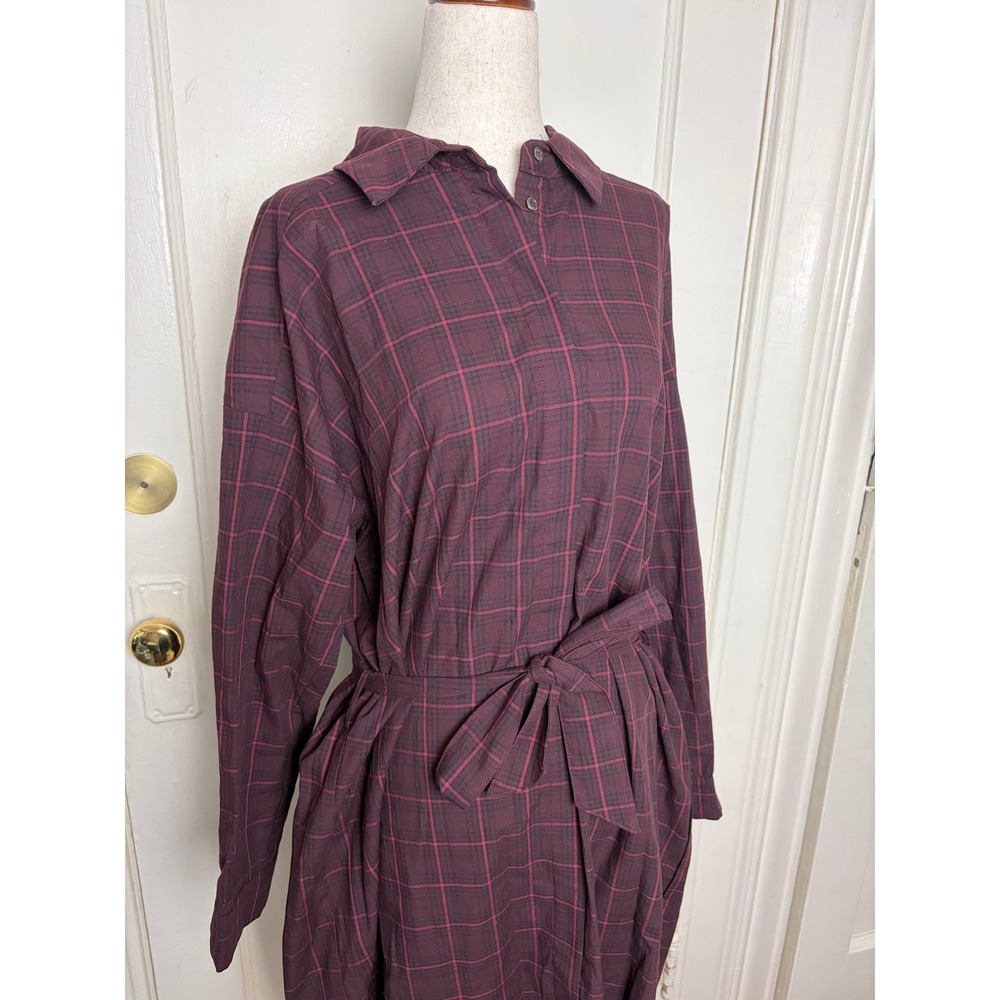 Maison Anana Womens Burgundy Plaid Cotton Long Sleeve Belted Shirt Dress Size S‎ - Picture 4 of 8